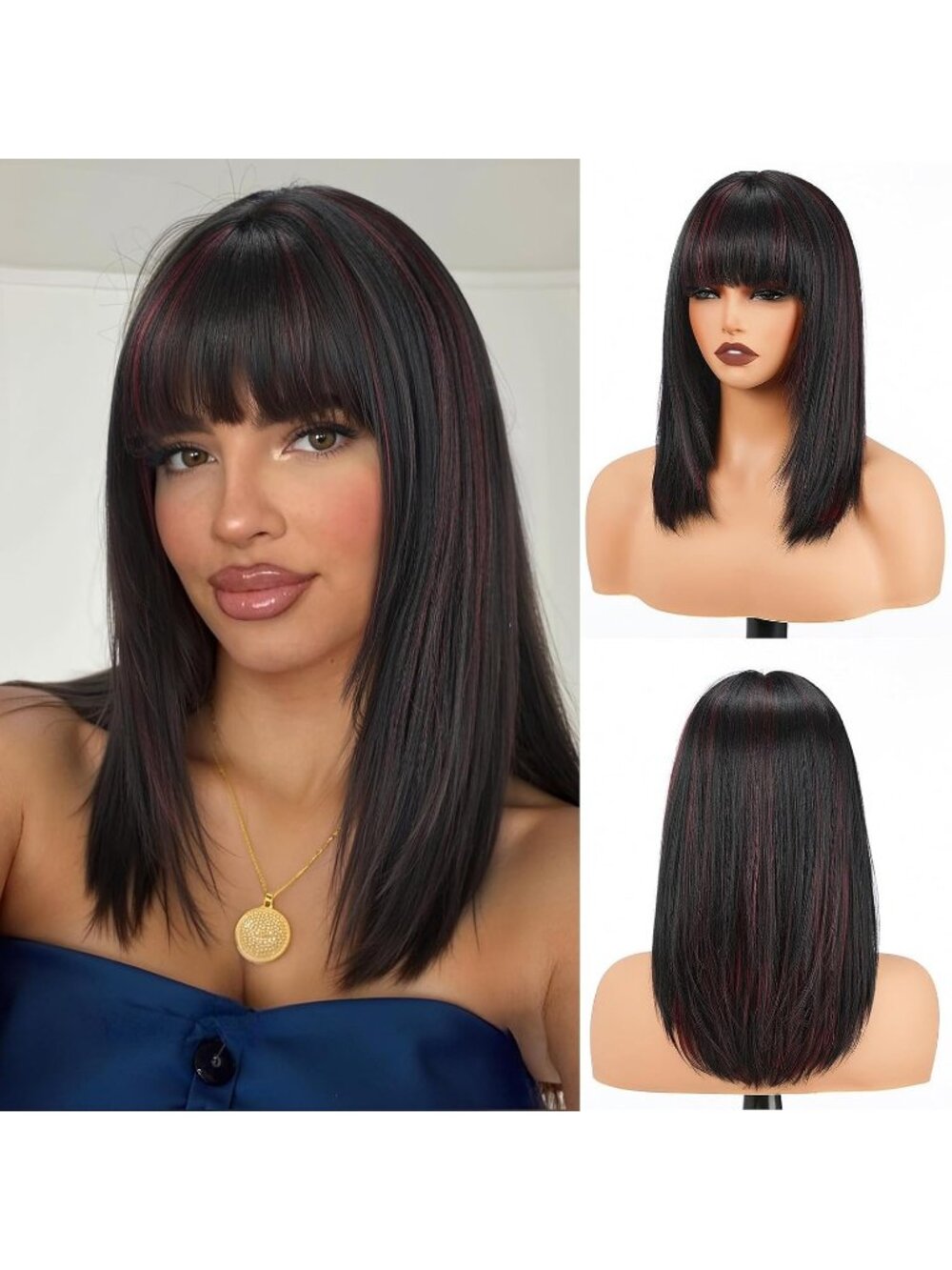 Women's 16 Inch Burgundy Highlight Wig Bangs Layered Straight Shoulder Length
